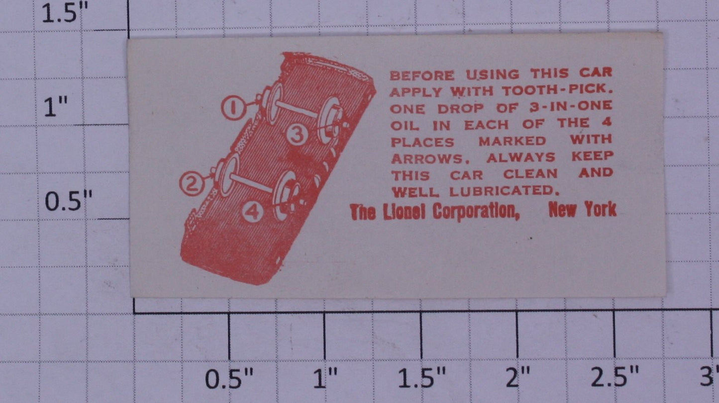 Lionel 100X-3LR Lionel Car Lubricating Instructions Sheet