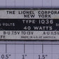 Lionel 1036-1 Type 1036 Transformer Nameplate