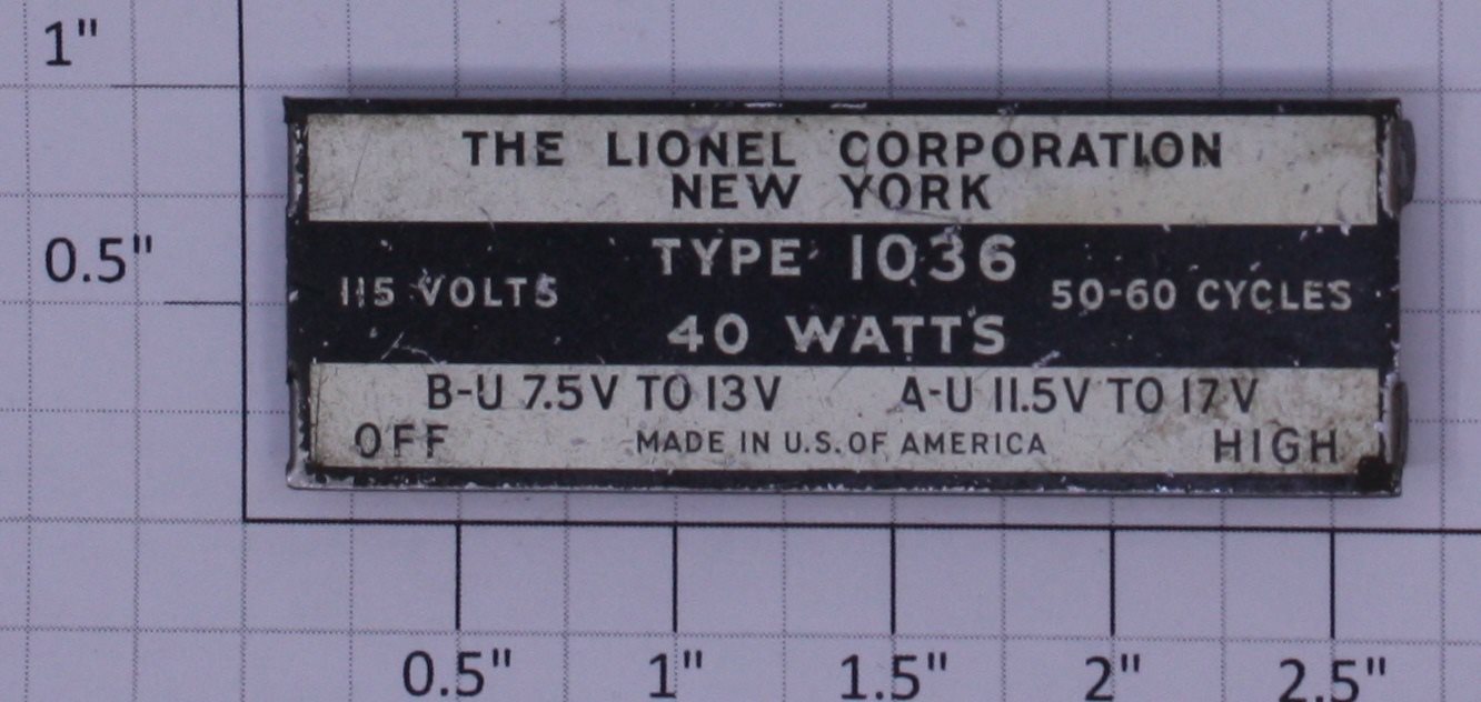 Lionel 1036-1 Type 1036 Transformer Nameplate