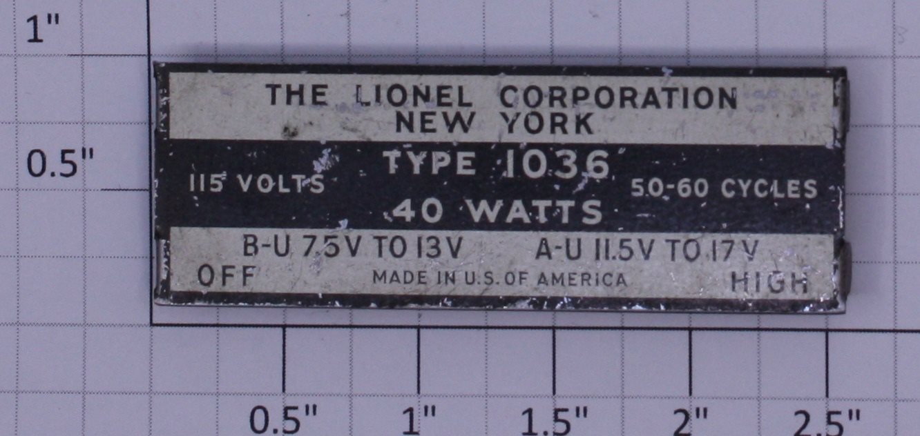 Lionel 1036-1 Type 1036 Transformer Nameplate
