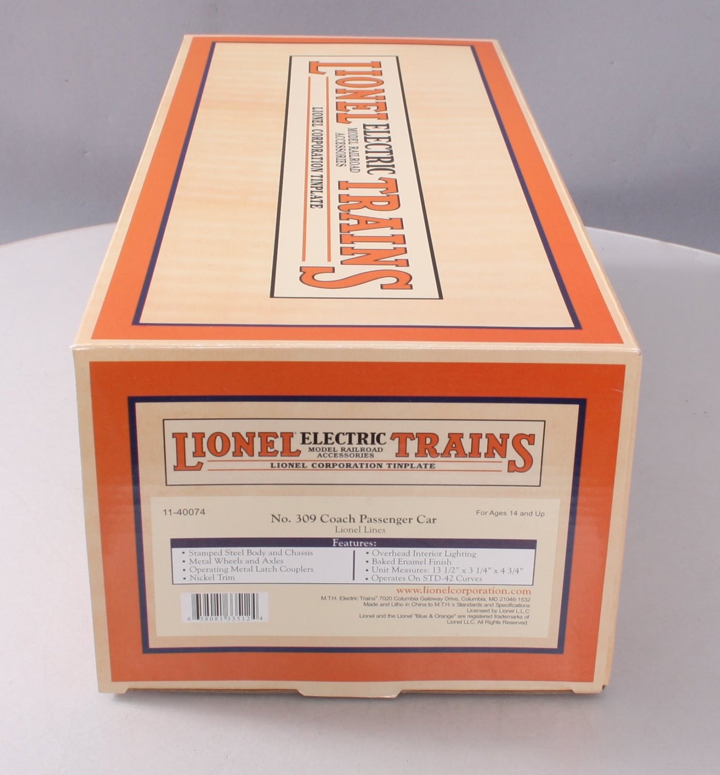 MTH 11-40074 Std. Gauge Lionel Tinplate No. 309 Coach Passenger Car LN/Box