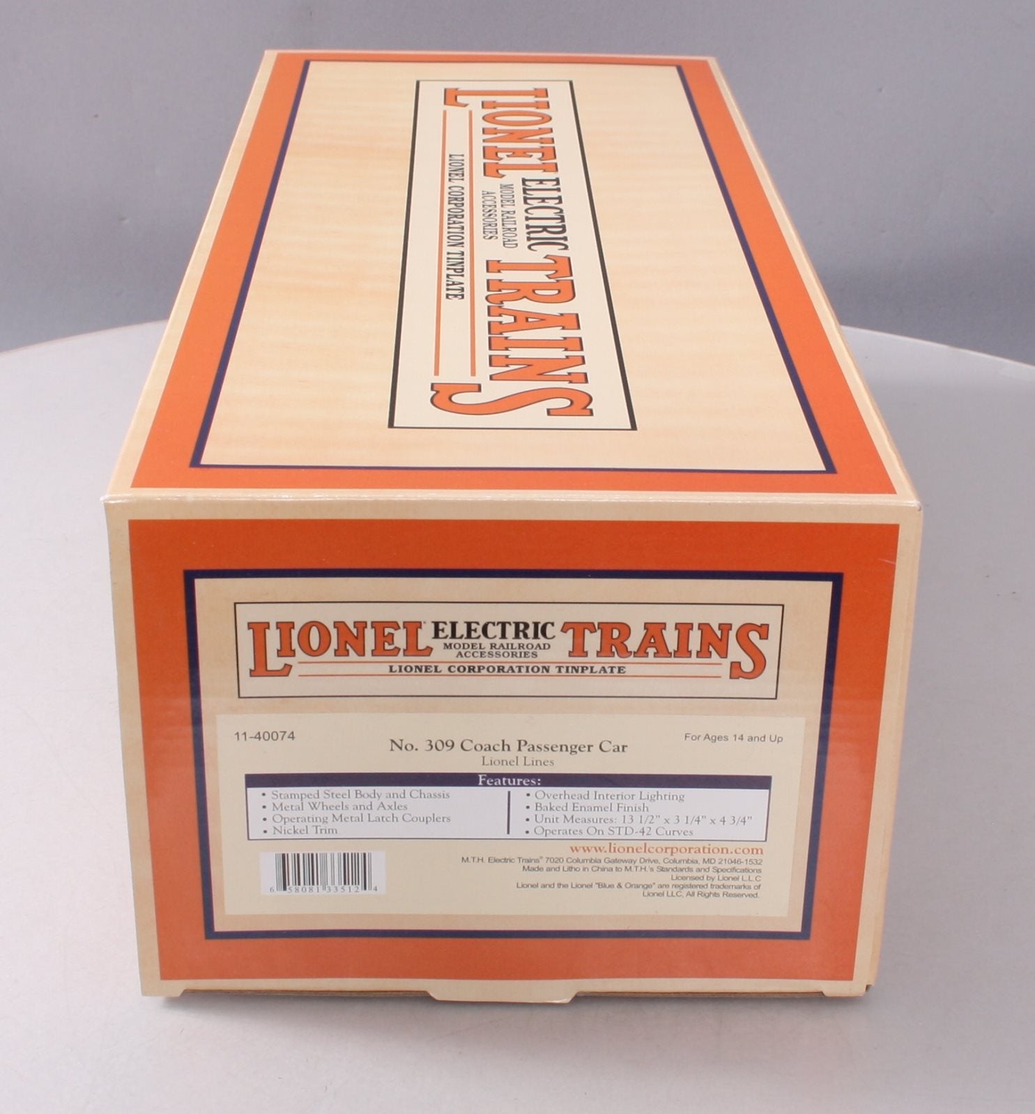 MTH 11-40074 Std. Gauge Lionel Tinplate No. 309 Coach Passenger Car LN/Box