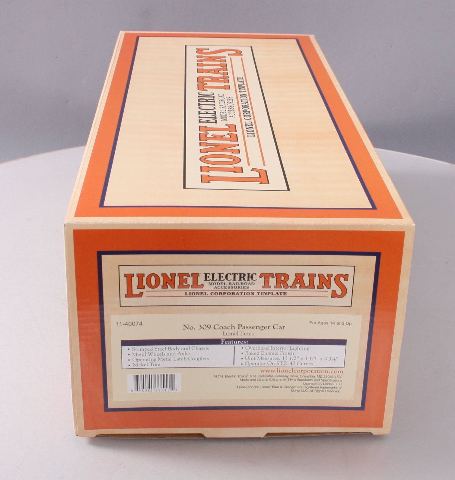 MTH 11-40074 Std. Gauge Lionel Tinplate No. 309 Coach Passenger Car LN/Box
