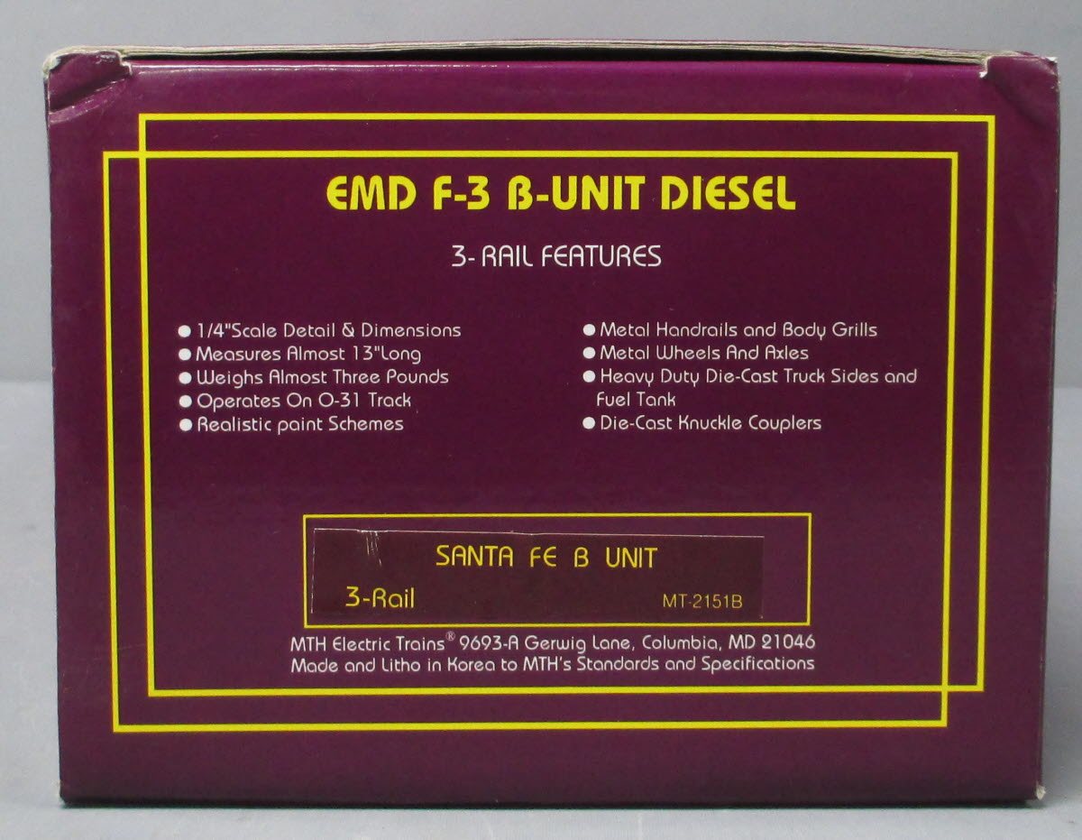 MTH 20-2151B O Gauge Santa Fe EMD F-3 Non-Powered B-Unit Diesel LN/Box