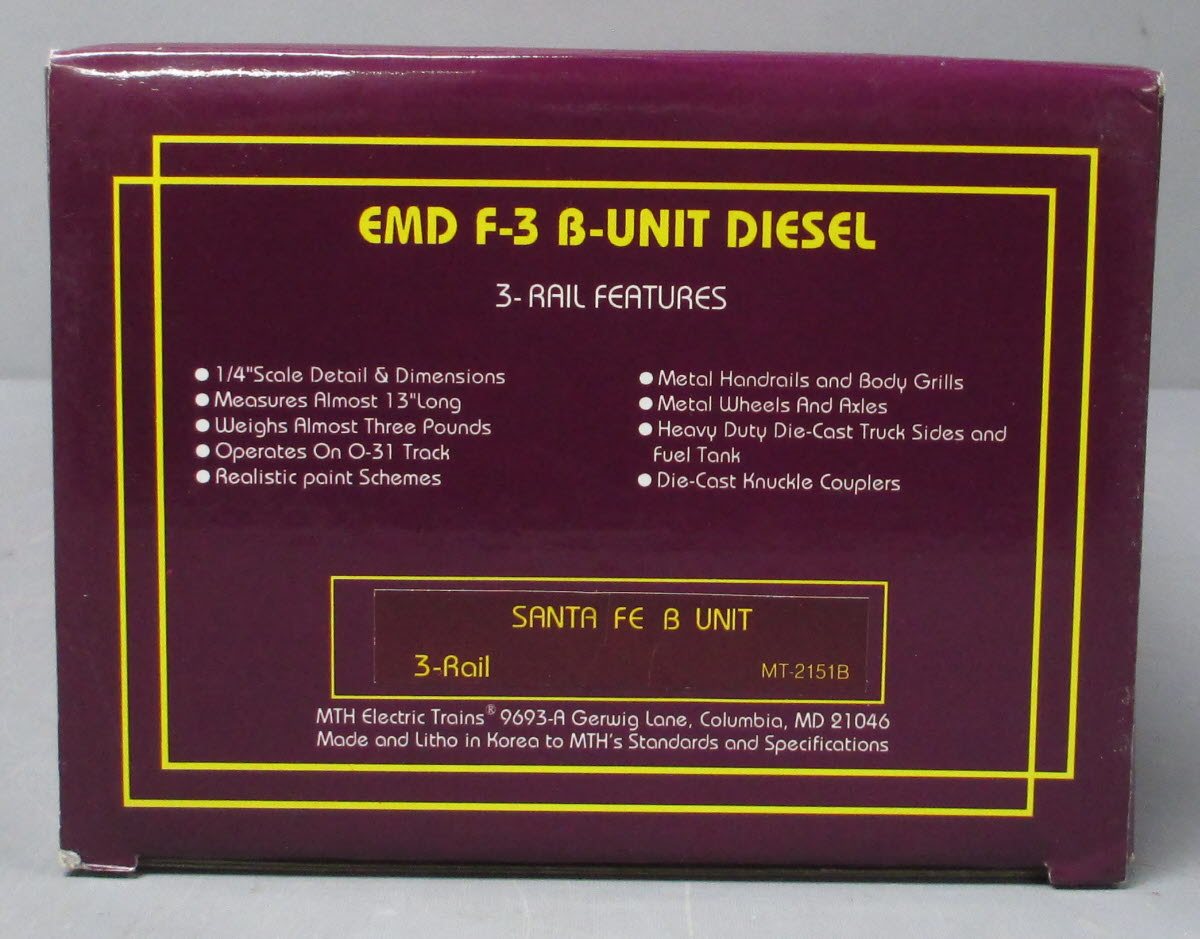 MTH 20-2151B O Gauge Santa Fe EMD F-3 Non-Powered B-Unit Diesel LN/Box