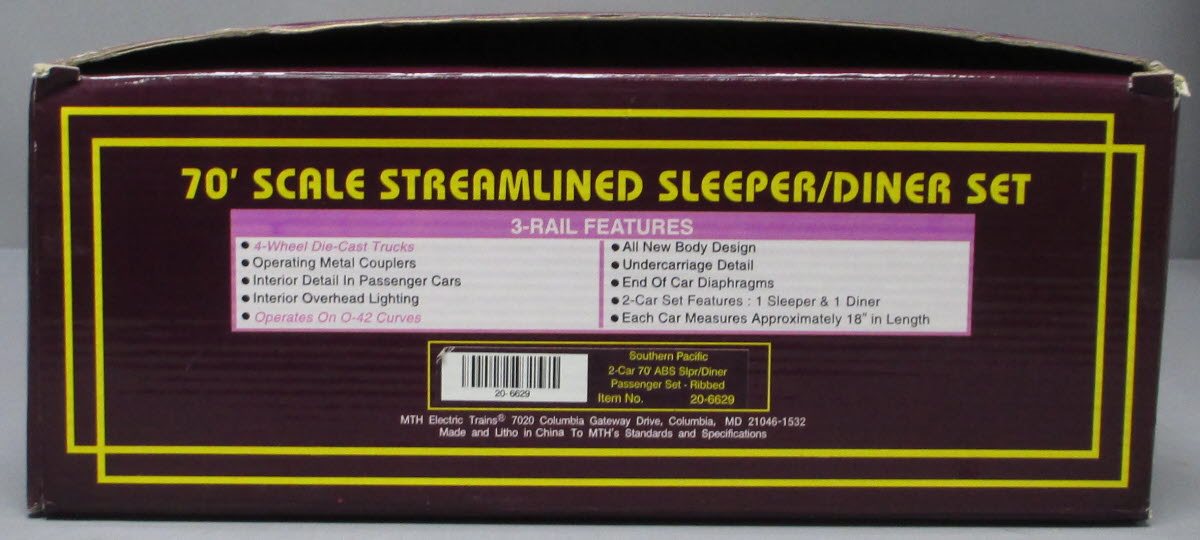 MTH 20-6629 O SP 70' Streamlined Sleeper/Diner Passenger Car Set (Set of 2) NIB