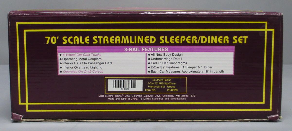 MTH 20-6629 O SP 70' Streamlined Sleeper/Diner Passenger Car Set (Set of 2) NIB