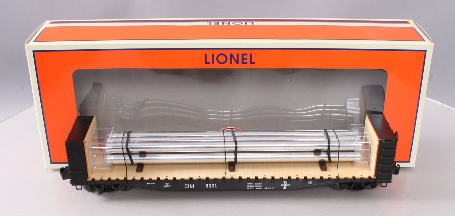 Lionel 6-27837 O Boston & Maine Bulkhead Flatcar w/Pipe Load #5321