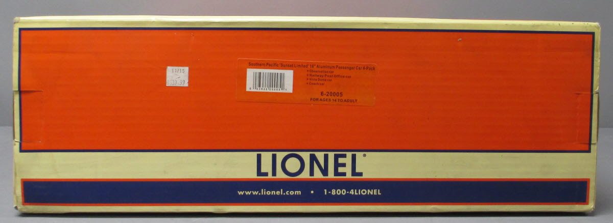 Lionel 6-20005 Southern Pacific 'Sunset Limited' 18” Aluminum Cars Set (4) LN/Box