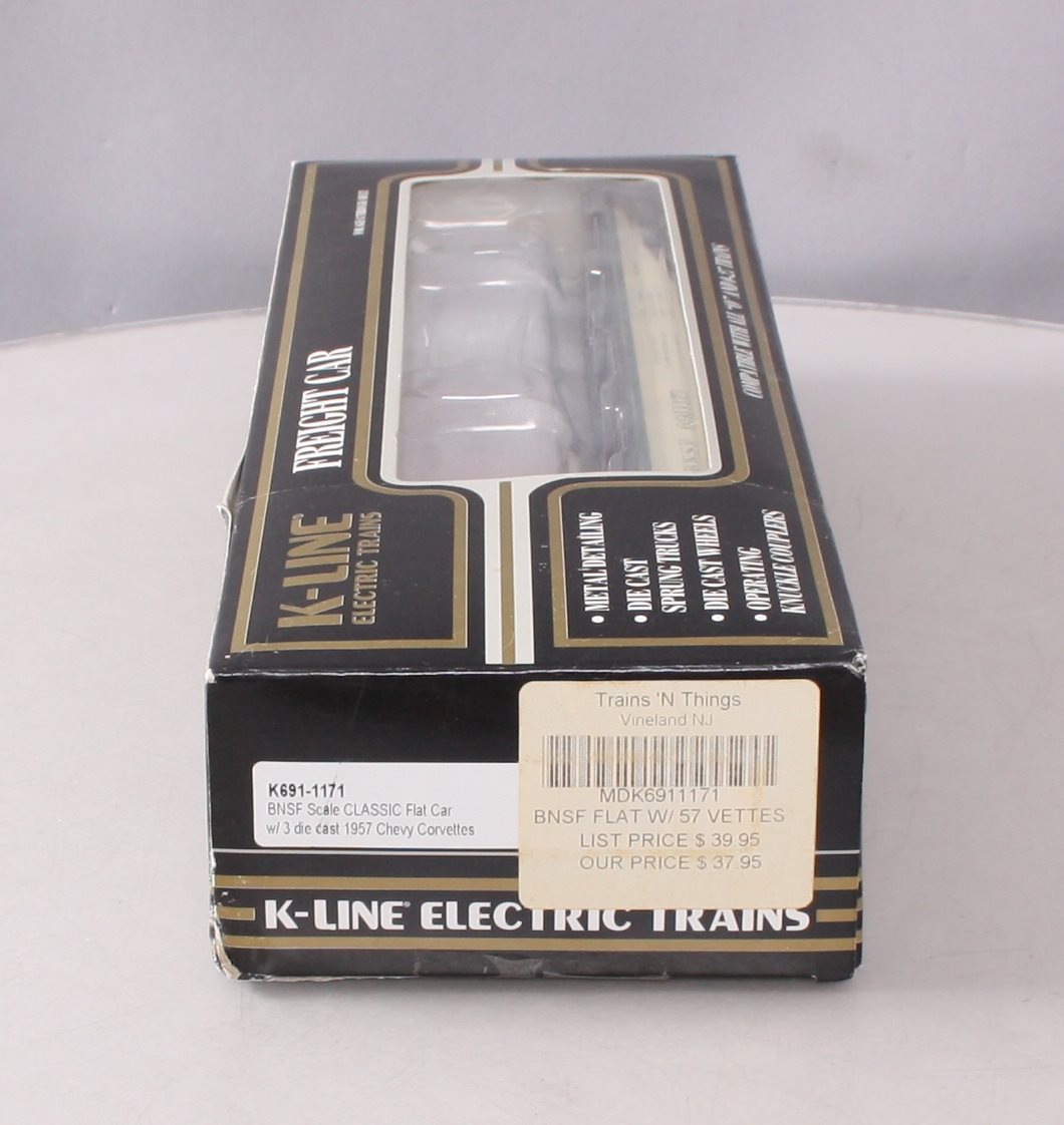 K-Line K691-1171 O Gauge Burlington Northern Santa Fe Flatcar w/ 1957 Corvettes NIB