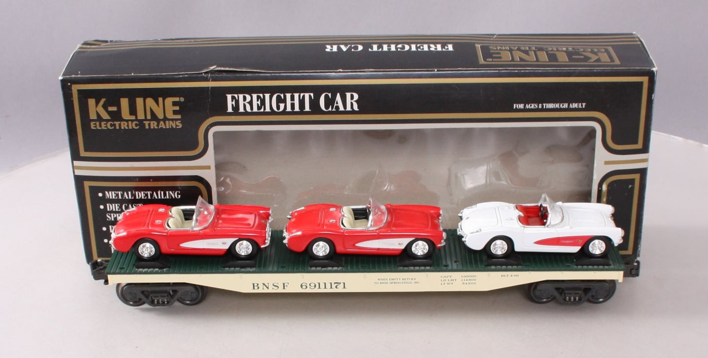 K-Line K691-1171 O Gauge Burlington Northern Santa Fe Flatcar w/ 1957 Corvettes NIB