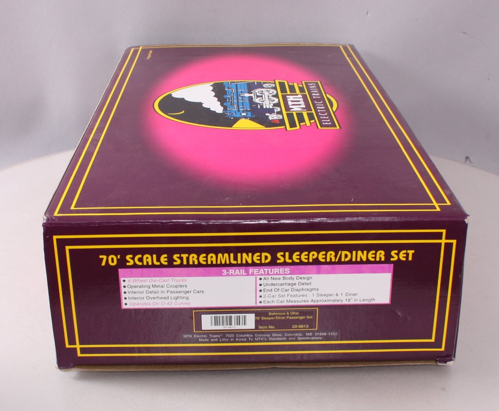MTH 20-6613 O B&O 70' Streamline Sleeper/Diner Passenger Car Set (Set of 2) EX/Box