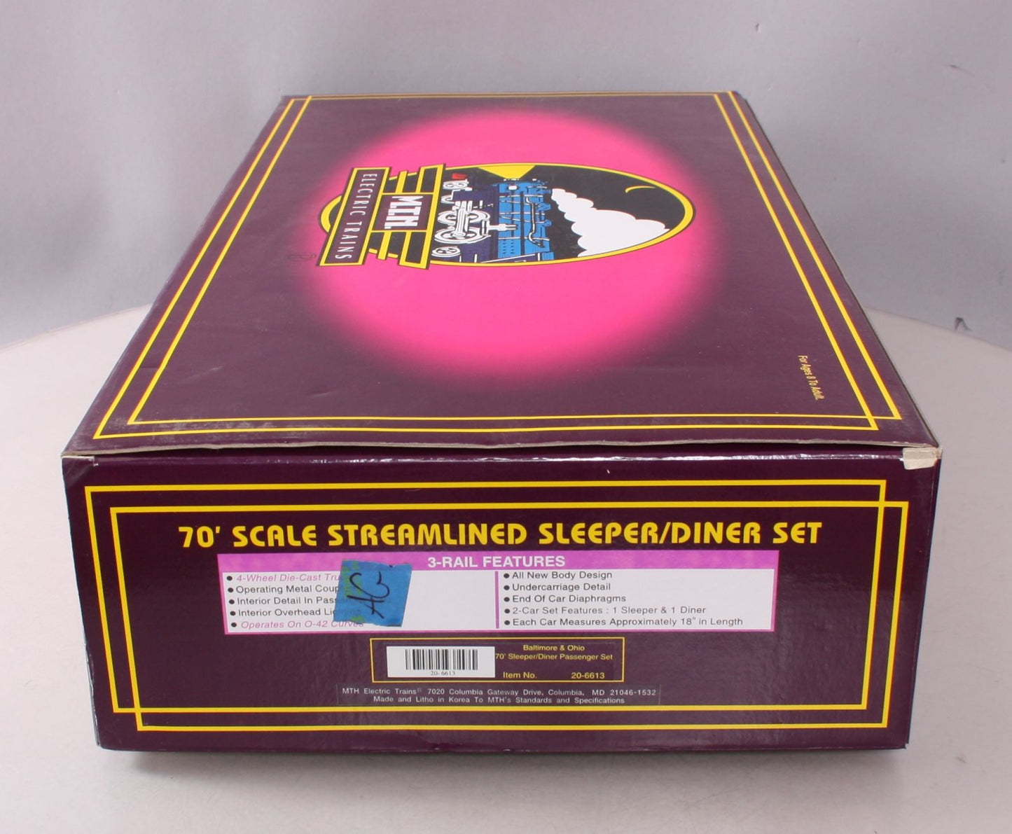 MTH 20-6613 O B&O 70' Streamline Sleeper/Diner Passenger Car Set (Set of 2) EX/Box