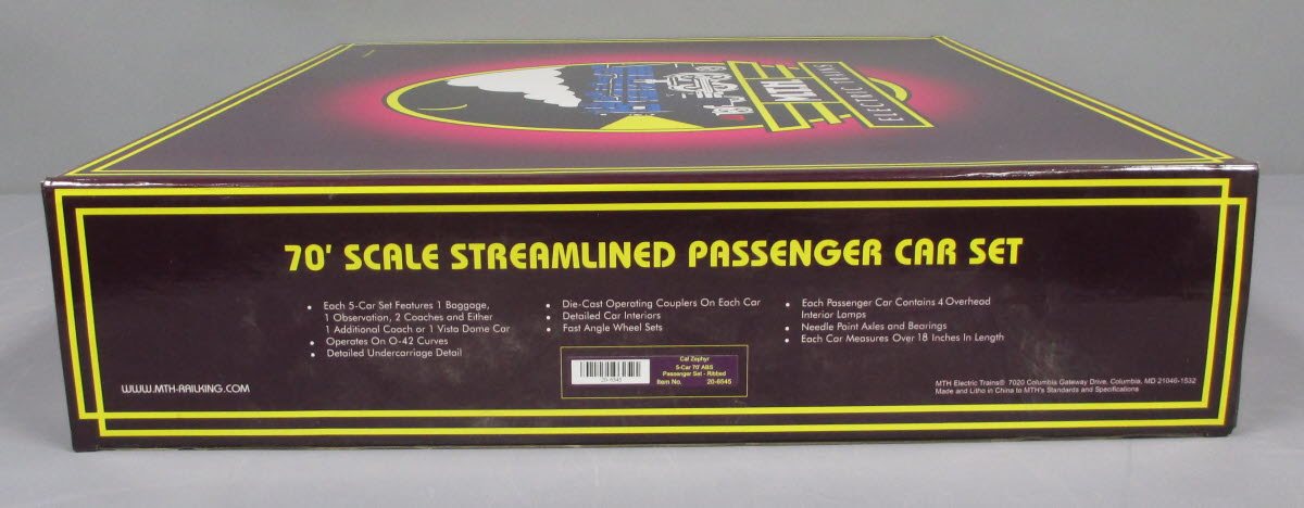 MTH 20-6545 O Gauge California Zephyr 70' Streamlined Ribbed Passenger 5-Car Set LN/Box
