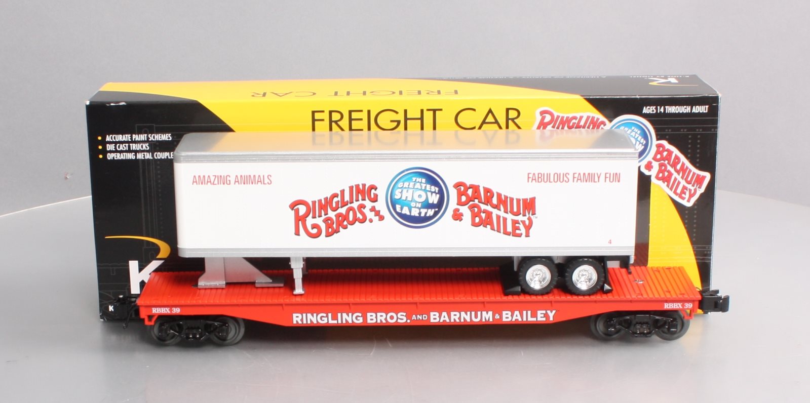 K-Line 6-22574 O Gauge Ringling Bros Flat Car #39 w/ Trailer #4 LN/Box