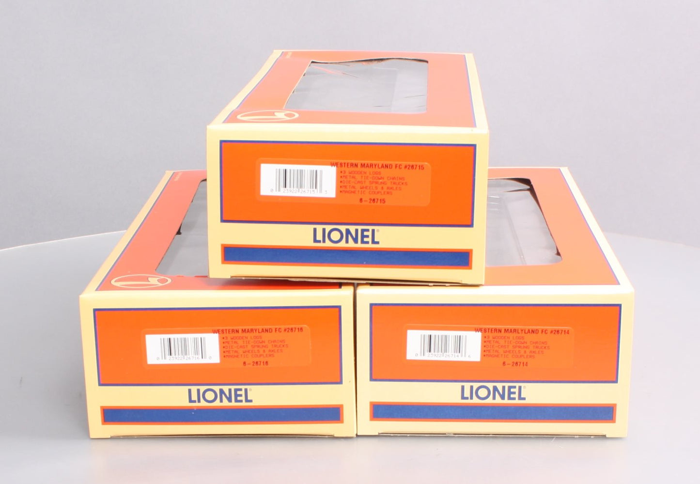 Lionel 6-26713 O Gauge Western Maryland 3-Car Standard Flatcars w/Log Loads Set MT/Box