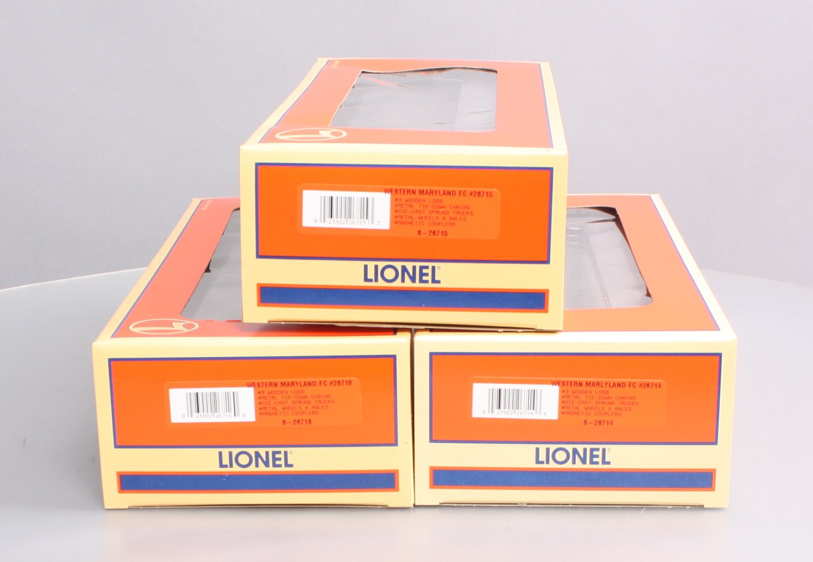Lionel 6-26713 O Gauge Western Maryland 3-Car Standard Flatcars w/Log Loads Set LN/Box