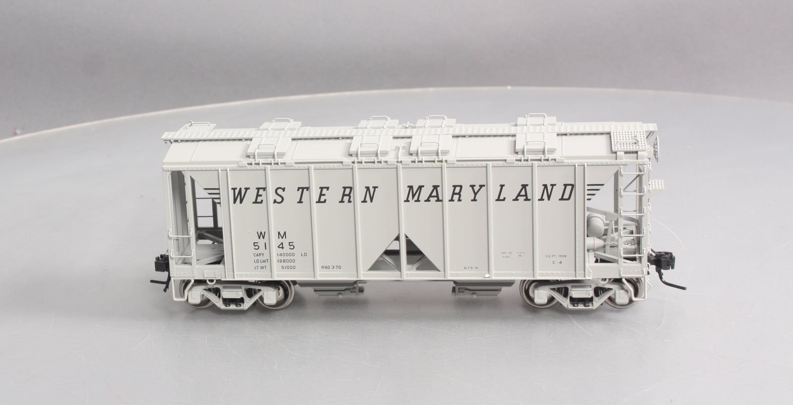 Atlas 9371-4 O Scale Western Maryland 70T Covered Hopper #5145 [2-Rail] EX/Box