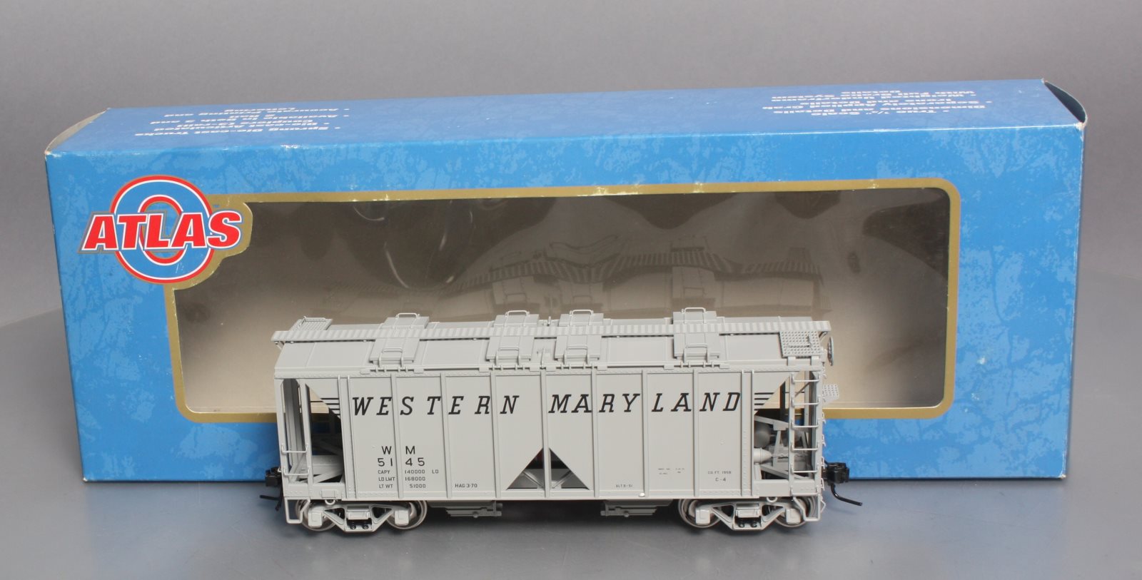 Atlas 9371-4 O Scale Western Maryland 70T Covered Hopper #5145 [2-Rail] EX/Box
