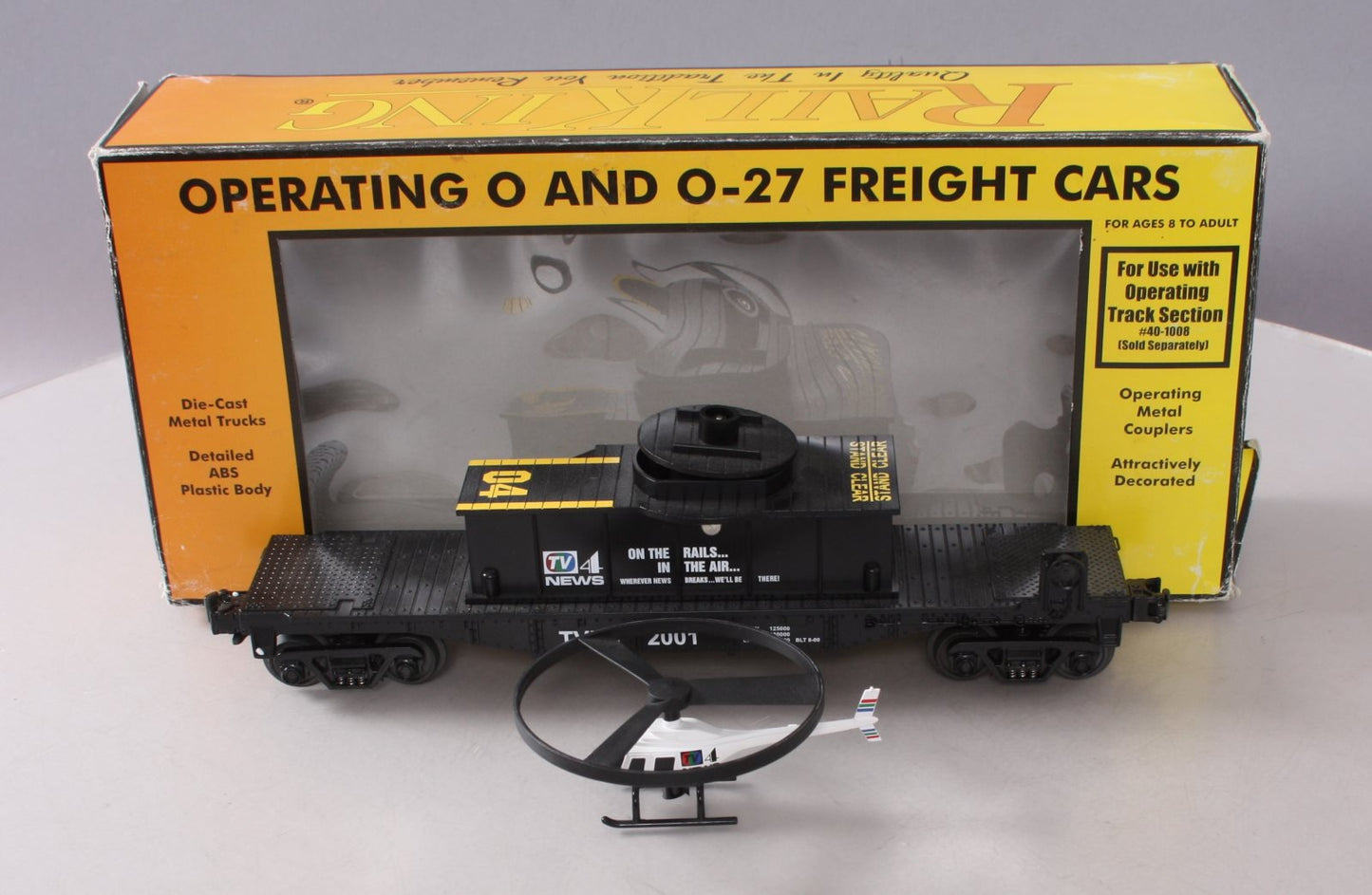 MTH 30-7695 O TVFN TV Channel 4 Flatcar w/ Operating Helicopter NIB