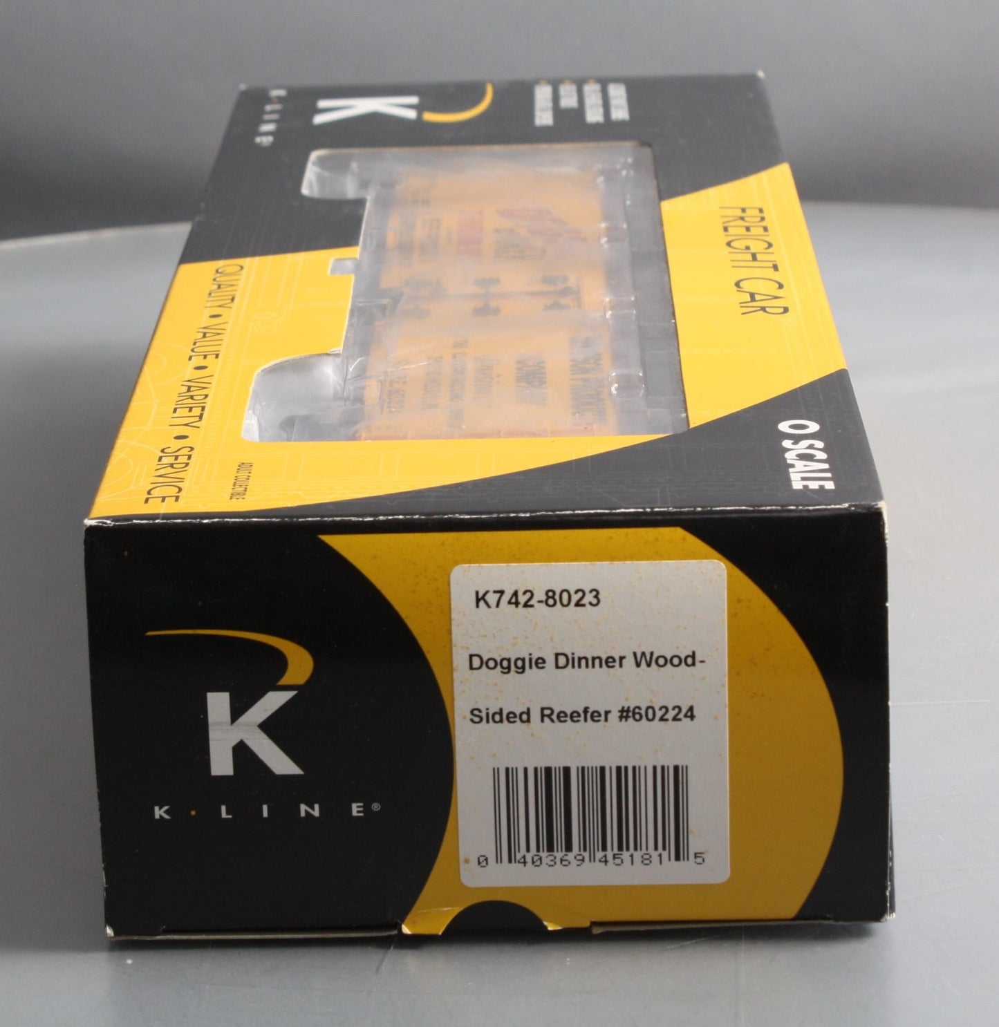 K-Line K742-8023 O Gauge Doggie Dinner Wood Sided Reefer Car #60224 LN/Box
