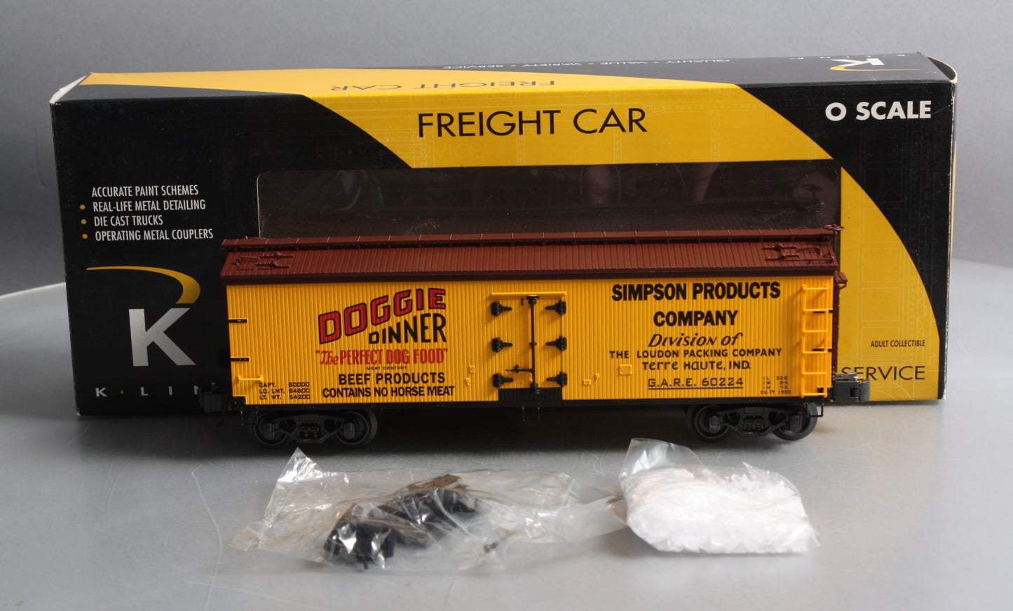 K-Line K742-8023 O Gauge Doggie Dinner Wood Sided Reefer Car #60224 LN/Box
