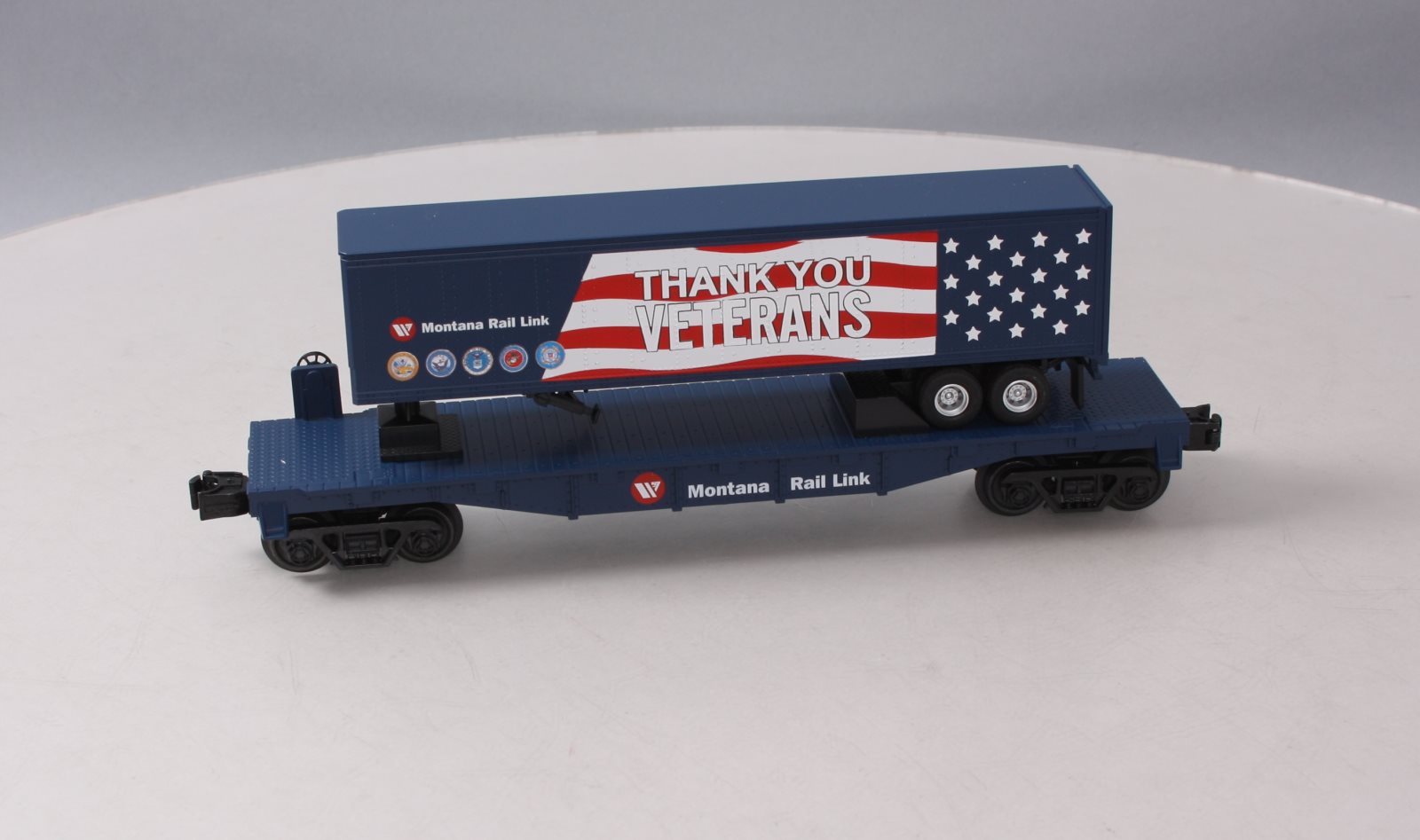 MTH 30-76849 O Montana Rail Link Veterans Flat Car w/40' Trailer NIB