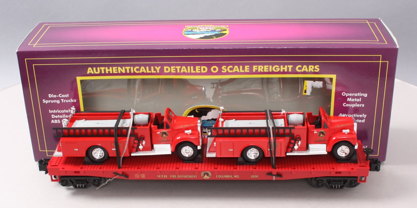 MTH 20-98114 O Gauge Fire Department Flatcar w/ 2 Red Fire Trucks #2000 LN/Box