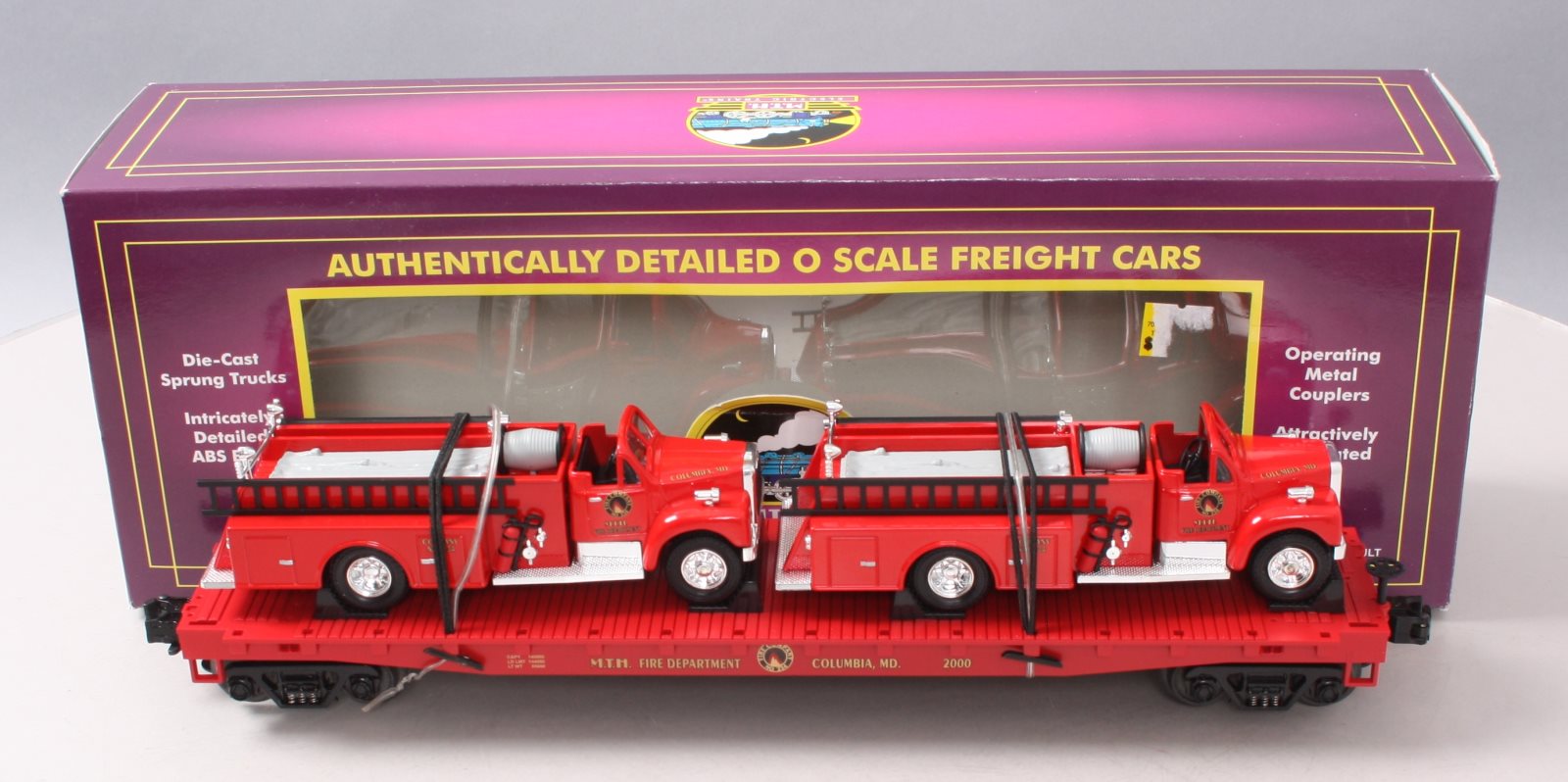MTH 20-98114 O Gauge Fire Department Flatcar w/ 2 Red Fire Trucks #2000 LN/Box