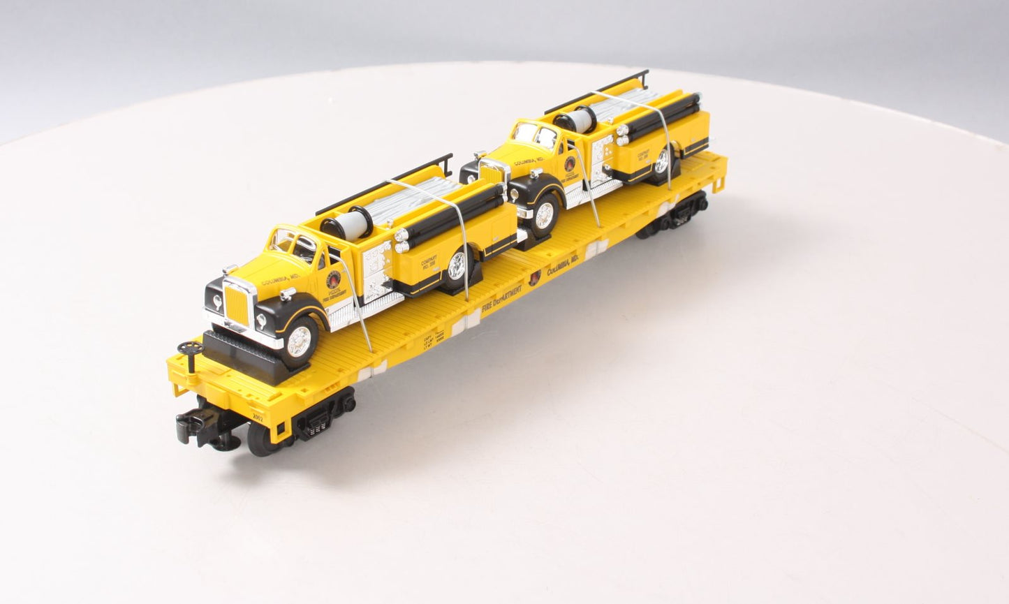 MTH 20-98159 O Gauge MTH Transportation Co Flatcar w/ Yellow Diecast Firetrucks LN/Box