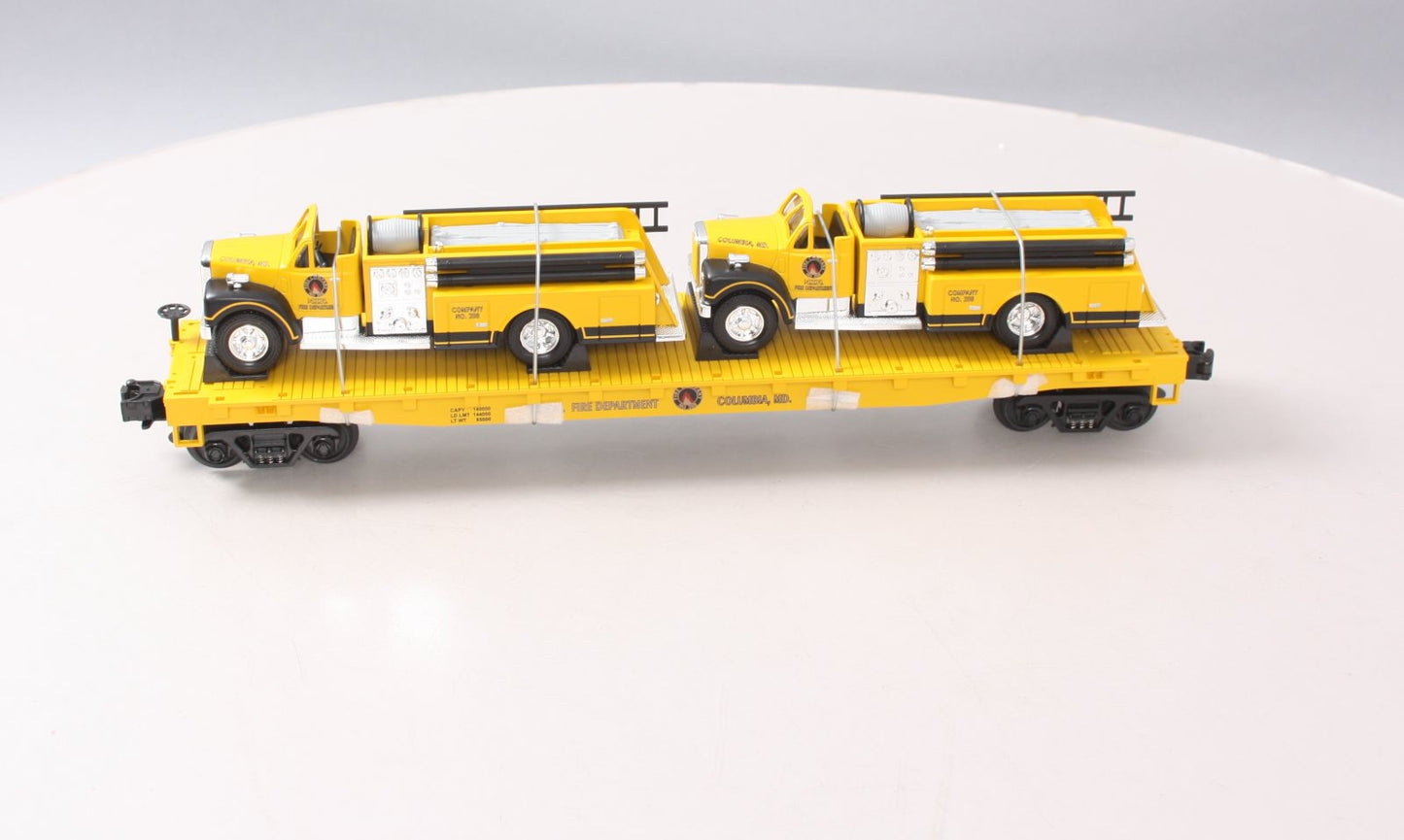 MTH 20-98159 O Gauge MTH Transportation Co Flatcar w/ Yellow Diecast Firetrucks LN/Box