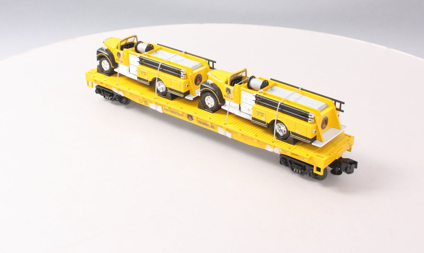 MTH 20-98159 O Gauge MTH Transportation Co Flatcar w/ Yellow Diecast Firetrucks LN/Box