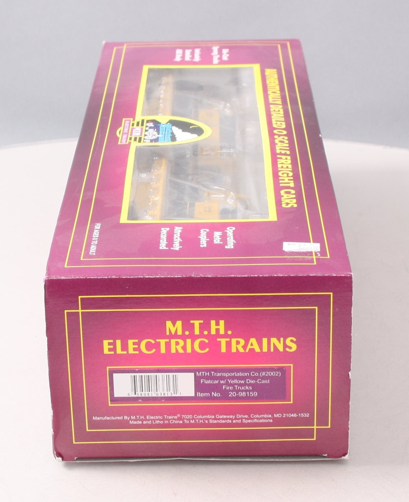 MTH 20-98159 O Gauge MTH Transportation Co Flatcar w/ Yellow Diecast Firetrucks LN/Box