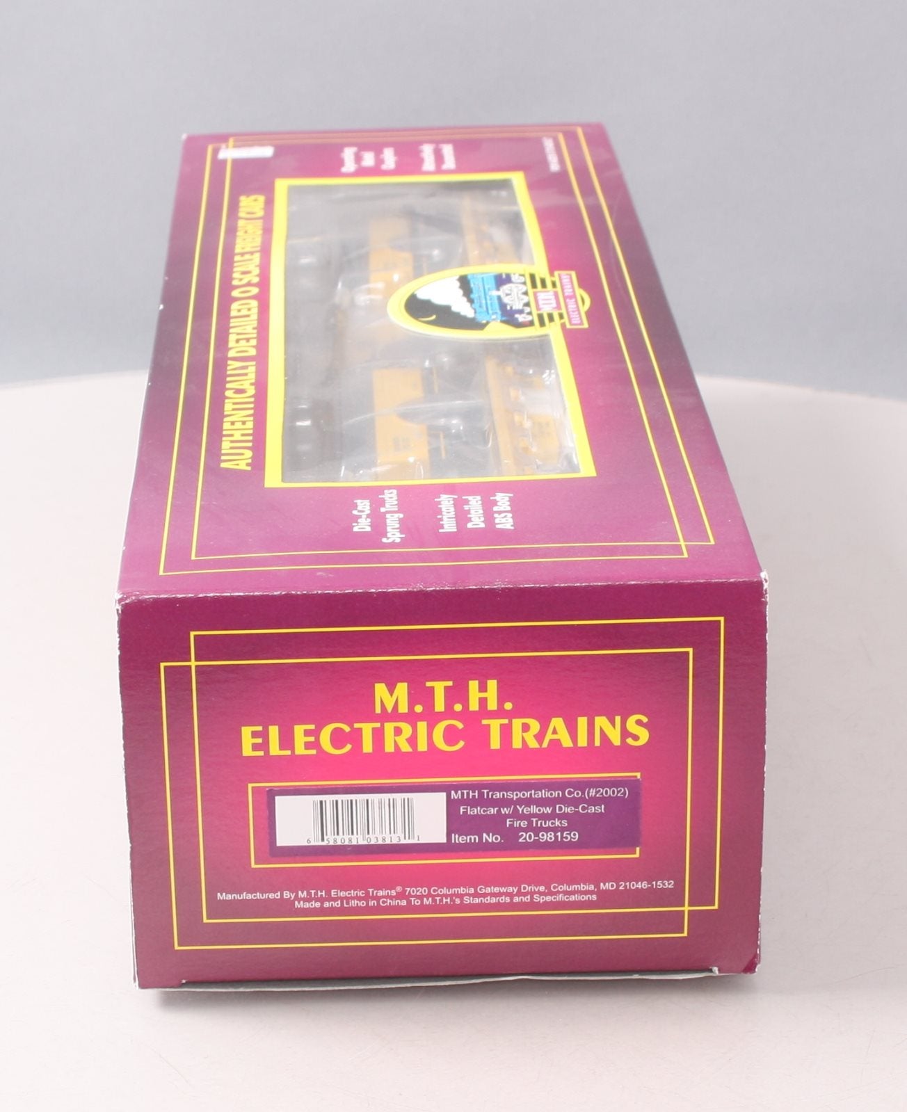 MTH 20-98159 O Gauge MTH Transportation Co Flatcar w/ Yellow Diecast Firetrucks LN/Box