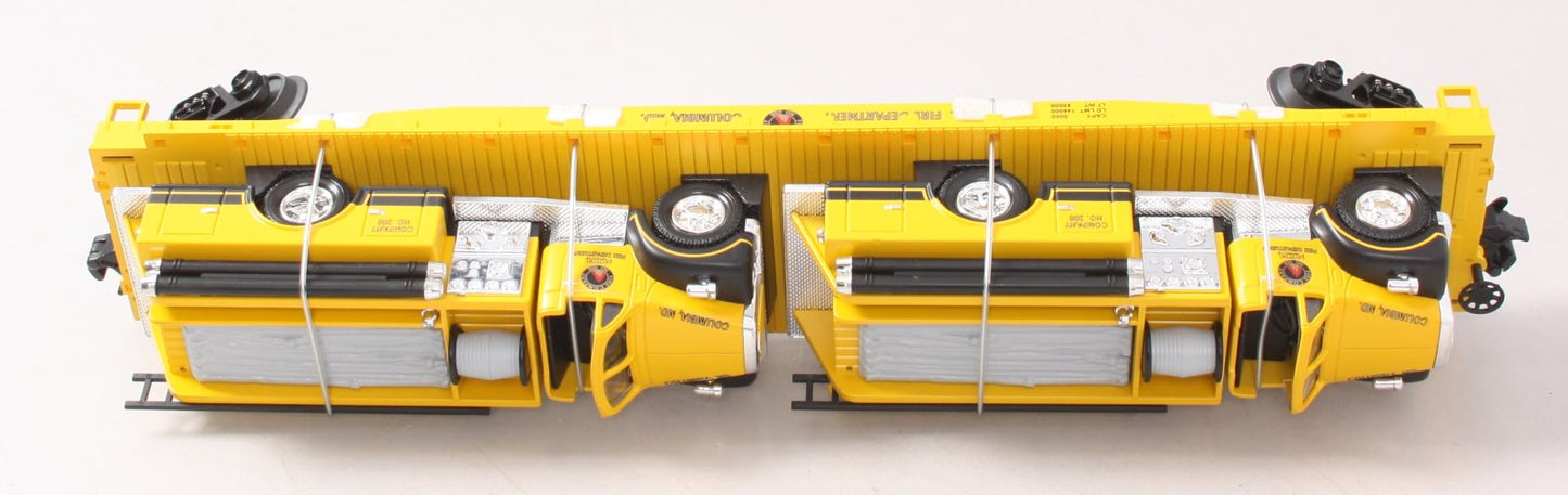 MTH 20-98159 O Gauge MTH Transportation Co Flatcar w/ Yellow Diecast Firetrucks LN/Box