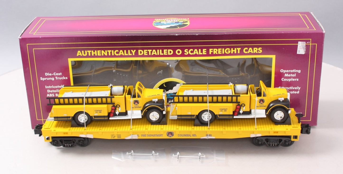 MTH 20-98159 O Gauge MTH Transportation Co Flatcar w/ Yellow Diecast Firetrucks LN/Box