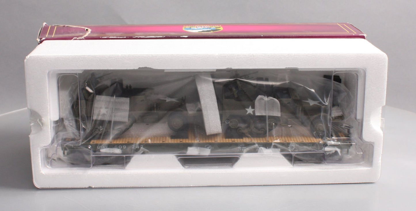 MTH 20-95327 O Gauge US Army Flatcar w/Half-Track M16 Scout Car #609242 NIB