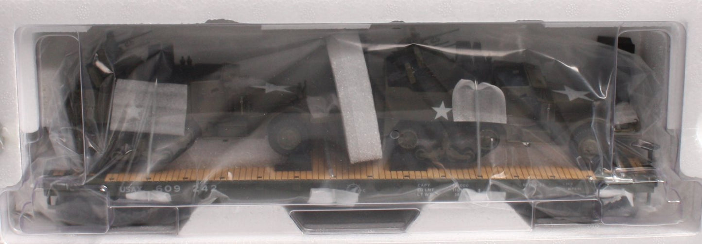 MTH 20-95327 O Gauge US Army Flatcar w/Half-Track M16 Scout Car #609242 NIB