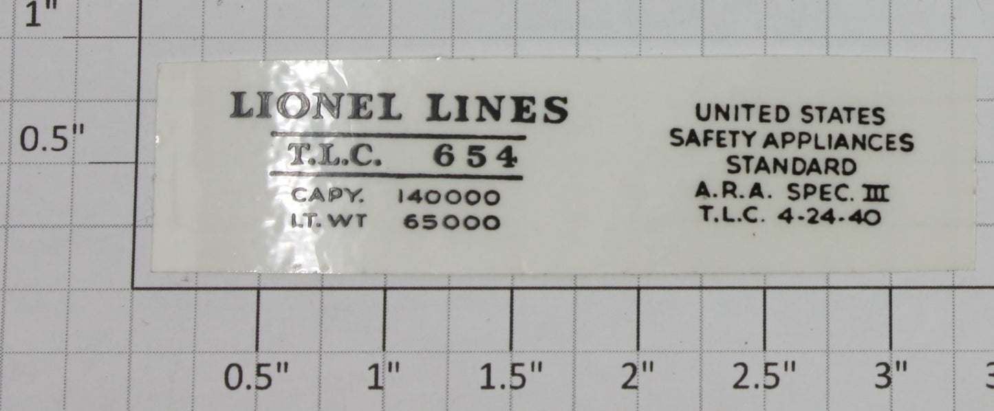 Lionel 654-10 Shell Tank Car Data Adhesive Decal Set