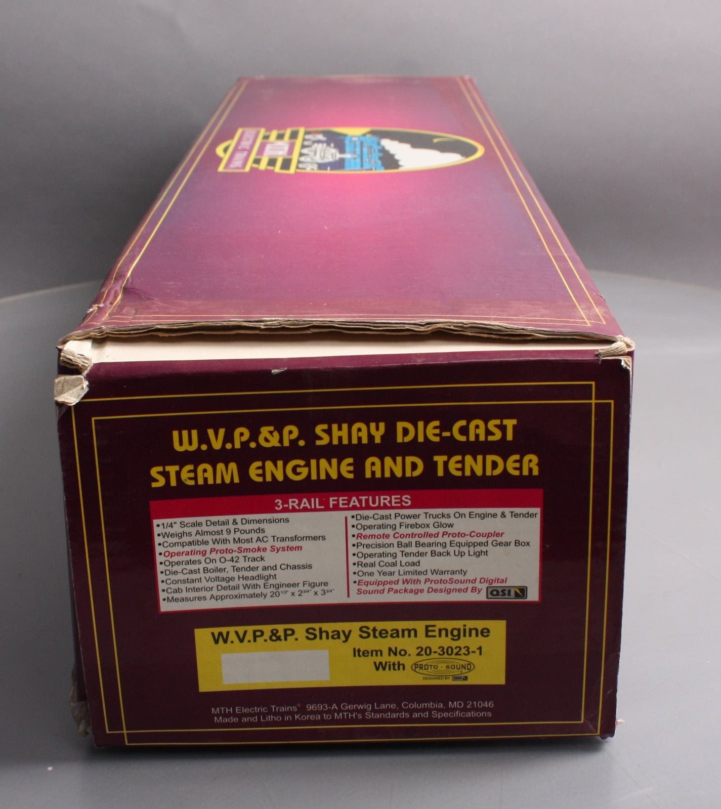 MTH 20-3023-1 O Gauge W.V.P&P Shay Steam Locomotive & Tender w/PS1 #12 EX/Box