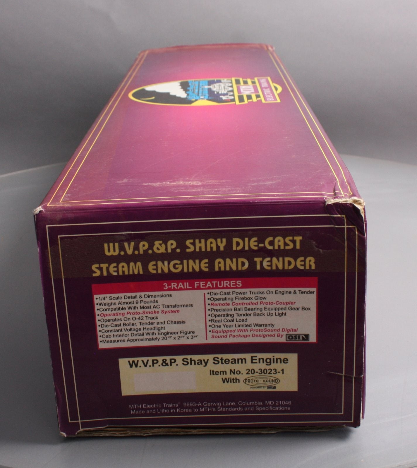 MTH 20-3023-1 O Gauge W.V.P&P Shay Steam Locomotive & Tender w/PS1 #12 EX/Box