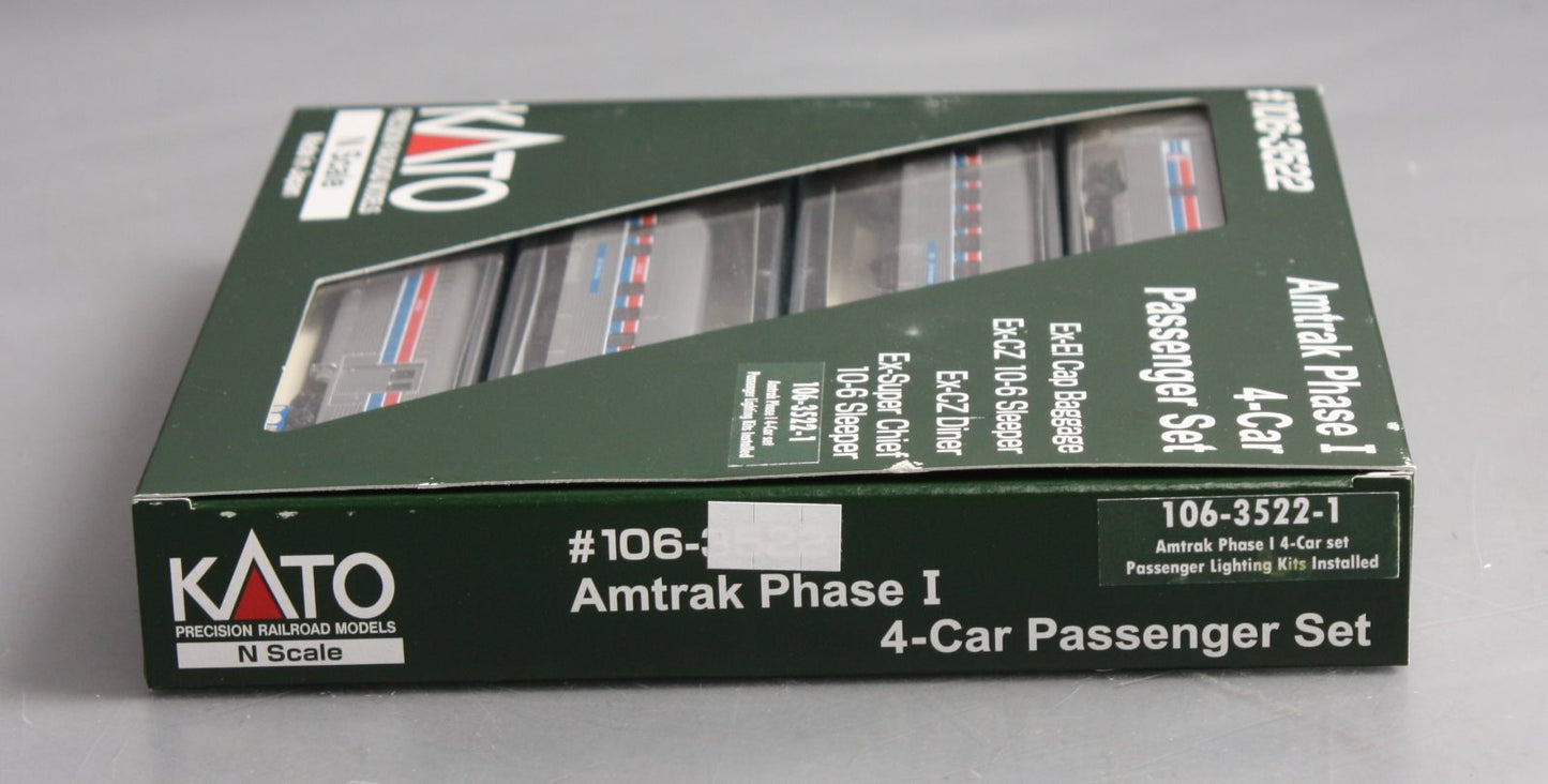 Kato 106-3522 N Scale Amtrak Phase I 4-Car Passenger Set EX/Box