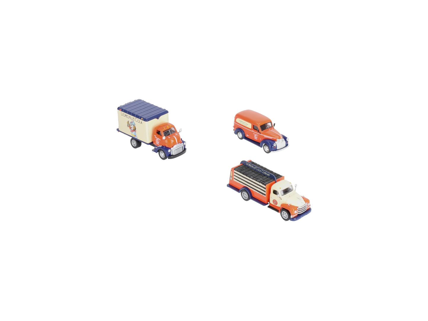 Lionel AHM43-LC3 1:48 Lionelville Cola Beverage/Delivery & Box Truck (Pack of 3) LN/Box