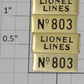 Lionel 803-20 Brass Lionel Lines and Number Plates (Set of 4)