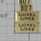 Lionel 807-20 Brass Lionel Lines and Number Plates (Set of 4)