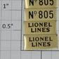 Lionel 805-20 Brass Lionel Lines and Number Plates (Set of 4)