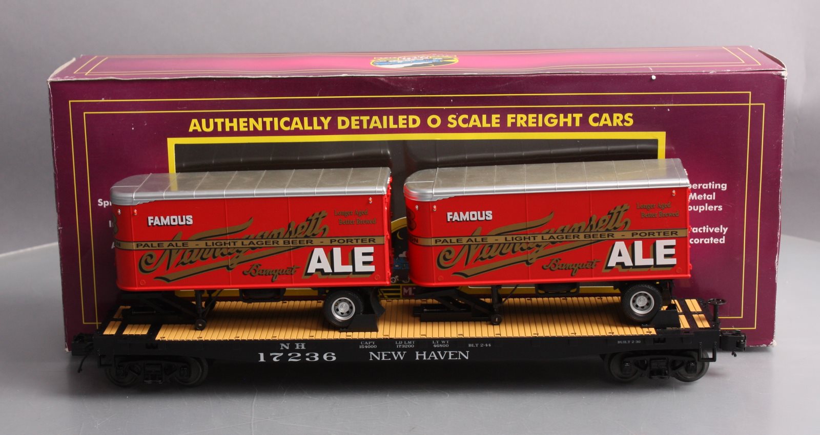 MTH 20-95126 Narragansett Ale Flat Car #17236 with 2 PUP Trailers