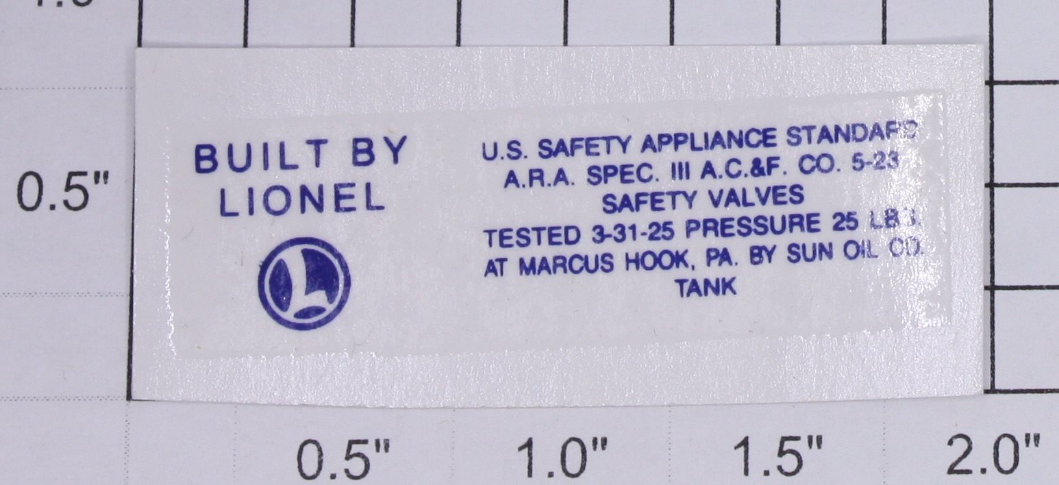 Lionel 2465-1 Blue Lettering Sunoco Safety Standards Water Decal-Standards Only
