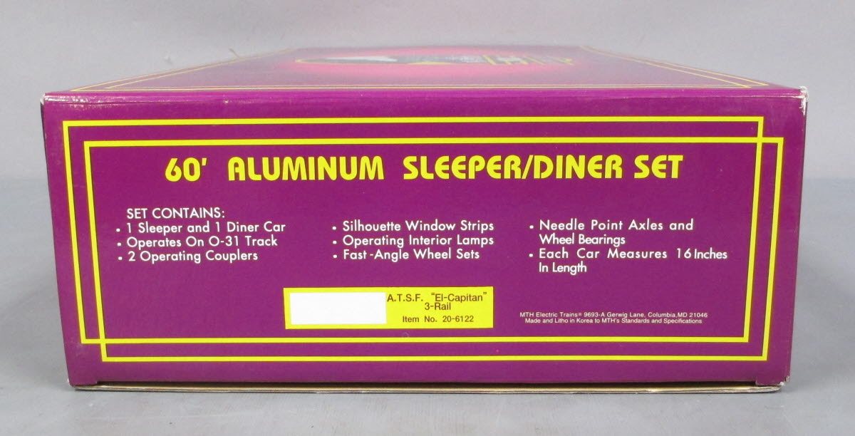 MTH 20-6122 O Gauge AT&SF "El Capitan" Sleeper/Diner Aluminum Passenger Car Set LN/Box