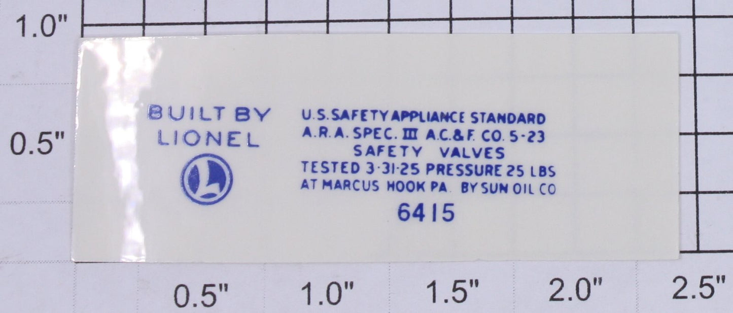 Lionel 6415-12 Blue Lettering Safety Standards Only Sticker Decal